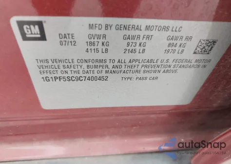 2012 Chevrolet Cruze 1Lt z USA, uszkodzony, nr VIN 1G1PF5SC9C7400452